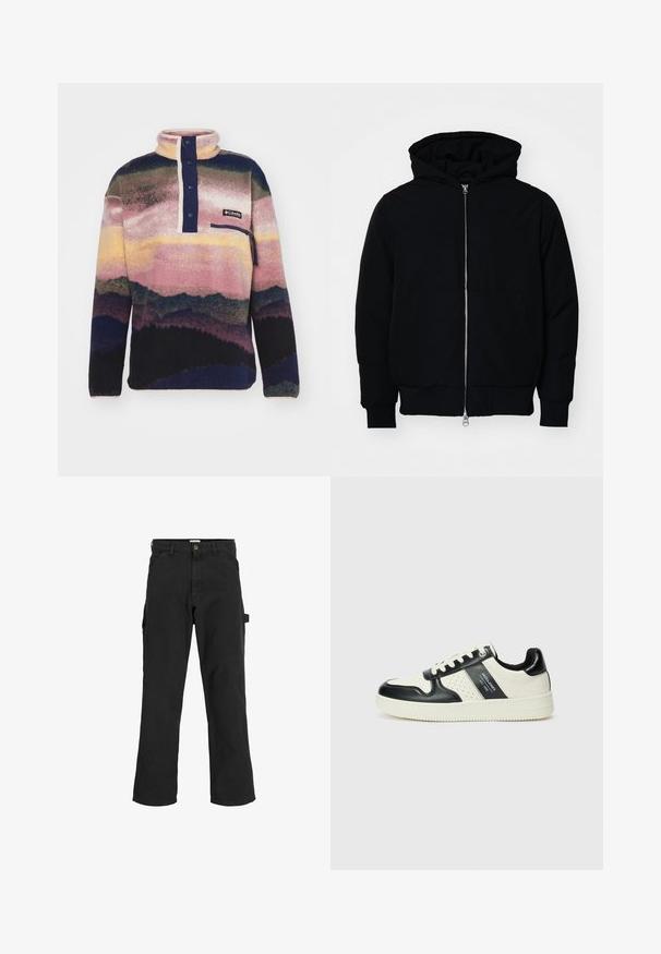 Mustat huppu-untuvatakki, jossa on vetoketju edessä, kenguru-tasku, ribatut hihansuut ja helma, esillä yksinkertaisella valkoisella taustalla.; Columbia HELVETIA - Fleecepaita - collegiate navy; Musta cargo-housut puuvillasekoitekankaasta. Ominaisuuksina leveät lahkeet, etupuolen viistot taskut ja sivutasku, jossa on lenkki lisävarusteille.; Nahkakengät musta-kerma värimaailmassa, joissa on rei'itetyt yksityiskohdat, pehmustettu nilkkaosa ja teksturoitu pohja.