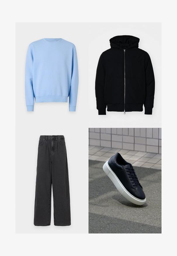 Juodas gobtuvėlis su priekiniu užtrauktuku, kengūros tipo kišene, lygiais rankogaliais ir apvadu, pateiktas ant vientiso balto fono.; Šviesiai mėlynas megztinis su apvaliu iškirpimu, ilgomis rankovėmis ir įrėminta apačia bei rankovėmis. Pagamintas iš švelnios, lygios medžiagos. Be raštų ar akcentų.; Plačios kojos, aukšto juosmens juodos džinsinės kelnės su priekiniais mygtukais ir užtrauktuku, turinčios šonines kišenes ir lygią tekstūrą.; Juodas odinis sportbačius su apvaliu pirštu ir baltu gumuotu padu. Turi plokščias raišteles ir minimalų siuvimą viršuje. Padangos tekstūra užtikrina sukibimą.