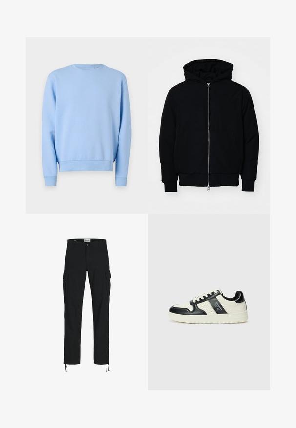 Black hooded jacket with front zipper, kangaroo pocket, ribbed cuffs, and hem, displayed on a plain white background.; Light blue sweatshirt with a round neckline, long sleeves, and ribbed cuffs and hem. Made of soft, smooth fabric. No patterns or accents.; Black cargo pants with a straight cut, featuring side pockets, a button closure, and elastic drawstrings at the ankles. Made from durable fabric.; Leather sneakers with a black and cream color scheme, featuring perforated accents, a padded collar, and a textured outsole.