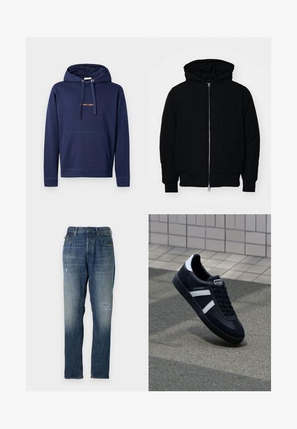 Schwarze Kapuzenjacke mit Frontreißverschluss, Kängurutasche, gerippten Bündchen und Saum, auf einem schlichten weißen Hintergrund präsentiert.; Navyblauer Hoodie aus Baumwolle mit Kängurutasche, Kapuze mit Kordelzug und besticktem Text auf der Brust. Einfaches Design mit gerippten Bündchen.; Denimjeans in einem verblassten Blau, mit geradem Beinschnitt, moderaten Abnutzungen an der Vorderseite und klassischem Fünf-Taschen-Design.; Schwarze Leder-Sneaker mit weißen Streifen, strukturiertem Gummisohle und Schnürung. Verfügt über ein Markenetikett auf der Zunge.