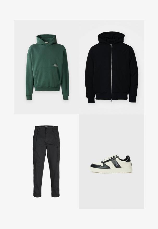 Zwarte hoodie met rits aan de voorkant, kangoeroe-pocket, geribbelde manchetten en zoom, weergegeven op een effen witte achtergrond.; Groene hoodie gemaakt van zachte stof met een voorzak in kangoeroestijl en een geborduurd 2013-detail op de borst.; Zwarte cargobroek van stevig stof, met meerdere zakken, een knoopsluiting en een slim fit ontwerp met taps toelopende benen.; Leren sneakers met een zwart en crèmekleurig kleurenschema, voorzien van geperforeerde accenten, een gevoerde kraag en een gestructureerde buitenzool.