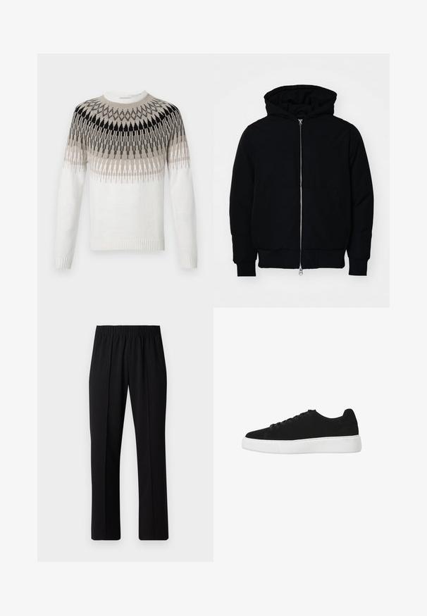 Chaqueta negra con capucha, cierre frontal, bolsillo tipo canguro, y puños y dobladillo acanalados, exhibida sobre un fondo blanco liso.; Suéter de punto en blanco con un patrón geométrico en tonos de negro, gris y beige. Presenta un cuello redondo y puños y dobladillo acanalados.; Pantalones negros con cintura elástica y diseño de pierna recta, con una textura suave y sin patrones o herrajes visibles.; Zapatillas de ante negro con punta redonda, cordones en la parte delantera y suela de goma blanca. Diseño simple con acentos mínimos y textura suave.