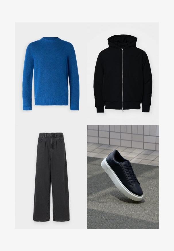 Črna kapuca jakna s sprednjim zadrgo, kenguru žepom, rebrastimi manšetami in hemom, razstavljena na enostavni beli ozadju.; Modra volnena pulover z okroglim ovratnikom, rebrastimi manšetami in robom. Mehak material, srednja teža in enostaven dizajn.; Široke hlače iz črnega denima z visokim pasom, z zapiranjem na gumb in zadrgo spredaj, ki imajo stranske žepe in gladko teksturo.; Črne usnjene superge z zaobljenim prstom in belim gumijastim podplat. Imajo ravne vezalke in minimalno šivanje na zgornjem delu. Teksturirani podplat za oprijem.