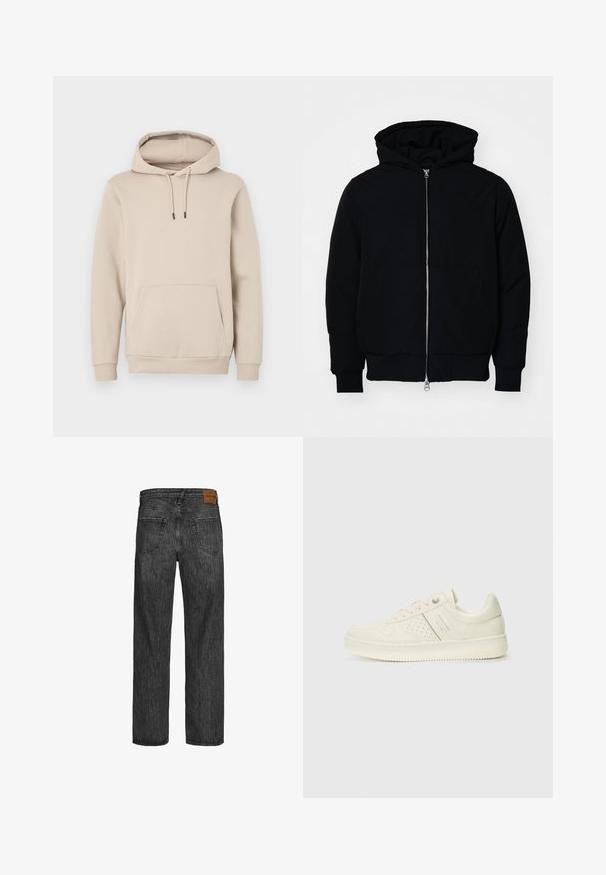 Zwarte hoodie met rits aan de voorkant, kangoeroe-pocket, geribbelde manchetten en zoom, weergegeven op een effen witte achtergrond.; Hoodie in lichtbeige, gemaakt van zachte stof. Beschikt over een voorzak en verstelbare koordjes met zwarte uiteinden. Ribgebreide manchetten.; Zwarte denim jeans met een recht model, vijf zakken en een leren patch in bruin bij de tailleband. Gestructureerde stof met stikdetails.; Crème-kleurige sneaker met geperforeerde details, veters en een logo aan de zijkant, weergegeven tegen een eenvoudige witte achtergrond.