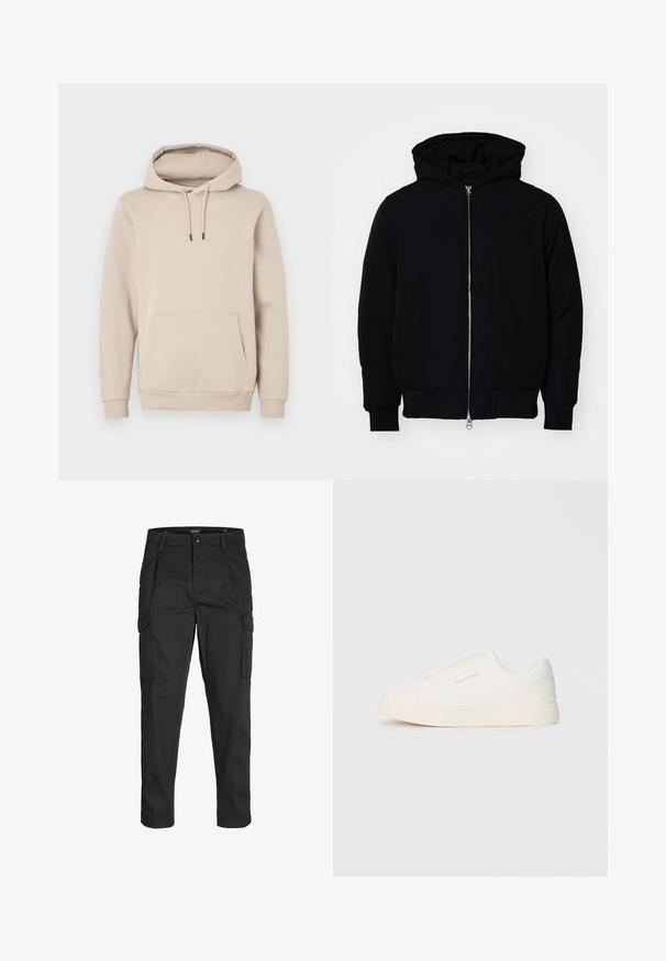 Svart hettejakke med frontglidelås, kengurulomme, ribbestrikket mansjetter og søm, vist på en ensfarget hvit bakgrunn.; Hettegenser i lys beige, laget av mykt stoff. Har en frontlomme og justerbare snorer med svarte tips. Ribbet mansjetter.; Sorte cargo bukser laget av slitesterkt stoff, med flere lommer, knappelukking og en slim fit-design med avsmalnede ben.; Hvite slip-on joggesko med teksturert overflate, tykk såle og minimalistisk design. Har merkevarelogo på siden.