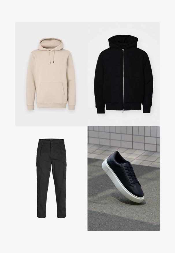 Svart hettejakke med frontglidelås, kengurulomme, ribbestrikket mansjetter og søm, vist på en ensfarget hvit bakgrunn.; Hettegenser i lys beige, laget av mykt stoff. Har en frontlomme og justerbare snorer med svarte tips. Ribbet mansjetter.; Sorte cargo bukser laget av slitesterkt stoff, med flere lommer, knappelukking og en slim fit-design med avsmalnede ben.; Sorte skinnsneakers med rund tå og hvit gummisåle. Har flate lisser og minimal søm på overdelen. Strukturert såle for grep.