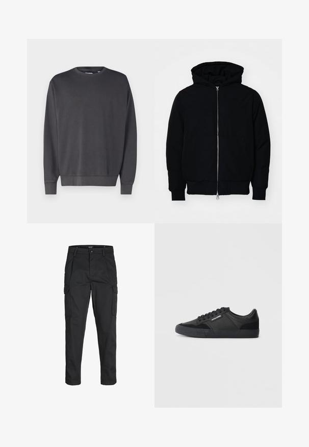 Sort hættejakke med frontlynlås, kængurulomme, ribbede manchetter og kant, præsenteret på en ensfarvet hvid baggrund.; Mørkegrå sweatshirt med rund hals, lange ærmer og ribkant ved ærmerne og i bunden. Fremstillet af et blødt, struktureret stof. Simpelt design, ingen synlige logoer.; Sorte cargo-bukser lavet af slidstærkt stof, der har flere lommer, en knaplukning og et slim fit design med smalle ben.; Sorte sneakers lavet af en blanding af læder og ruskind, med runde snørebånd, struktureret gummisål og et brandlogo på siden.