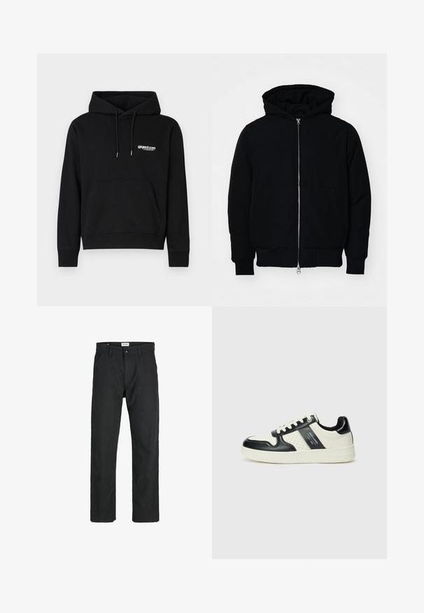 Čierna kapucňová bunda s predným zipsom, klokaními vreckami, rebrovanými manžetami a lemom, zobrazená na bielom pozadí.; Čierna bavlnená mikina s predným klokankovým vreckom, kapucňou so šnúrkou a malým bielym logom na hrudi. Hladké manžety a lem.; Čierne nohavice vyrobené z odolného materiálu, s rovnými nohavicami, prešitými detailmi a dvoma prednými vreckami pre väčšiu funkčnosť.; Kožené tenisky v čierno-krémovej farbe, s perforovanými akcentmi, polstrovaným golierom a štruktúrovanou podrážkou.