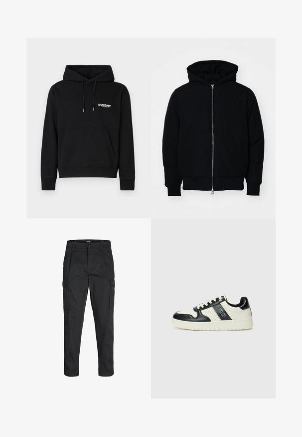 Schwarze Kapuzenjacke mit Frontreißverschluss, Kängurutasche, gerippten Bündchen und Saum, auf einem schlichten weißen Hintergrund präsentiert.; Schwarzer Baumwoll-Hoodie mit einer vorderen Kängurutasche, Kapuze mit Kordelzug und einem kleinen weißen Logo auf der Brust. Rippstrickbündchen und Saum.; Schwarze Cargo-Hose aus robustem Material, mit mehreren Taschen, einem Knopfverschluss und einem Slim-Fit-Design mit schmal zulaufenden Beinen.; Leder-Sneaker in Schwarz- und Cremetönen, mit perforierten Akzenten, einem gepolsterten Kragen und einer strukturierten Laufsohle.