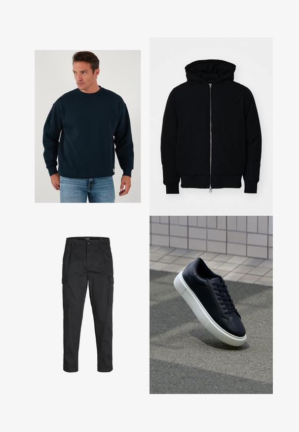 Giacca nera con cappuccio, dotata di zip frontale, tasca a marsupio, polsini e orlo a coste, esposta su uno sfondo bianco semplice.; Felpa blu navy con collo rotondo, maniche lunghe, vestibilità comoda, colletto e polsini ribattuti, realizzata in morbido materiale misto cotone.; Pantaloni cargo neri realizzati in un tessuto resistente, dotati di molteplici tasche, chiusura con bottone e un design aderente con gambe affusolate.; Sneaker in pelle nera con punta arrotondata e suola in gomma bianca. Presenta lacci piatti e cuciture minime sulla parte superiore. Suola testurizzata per una migliore aderenza.