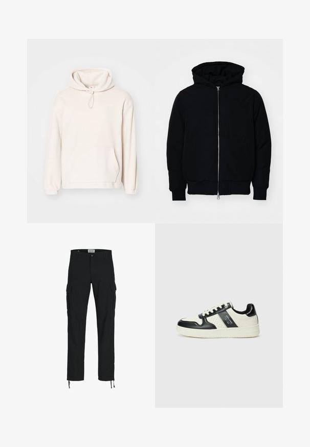 Jachetă neagră cu glugă, cu fermoar în față, buzunar tip kangaroo, mansete și tiv ribbed, prezentată pe un fundal alb simplu.; Hanorac bej deschis, realizat dintr-un material fleece moale. Are glugă cu șnur, buzunar frontal, manșete cu rimă și detalii minimale ale logo-ului.; Pantaloni cargo negri cu croi drept, dotati cu buzunare laterale, inchidere cu buton si sireturi elastice la glezne. Fabricati dintr-un material rezistent.; Tenisi din piele cu un scheme de culori negru și crem, dotati cu accente perforate, guler căptușit și o talpă texturată.