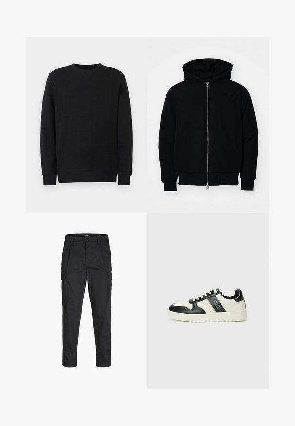 Giacca nera con cappuccio, dotata di zip frontale, tasca a marsupio, polsini e orlo a coste, esposta su uno sfondo bianco semplice.; Felpa nera con colletto rotondo e maniche lunghe, con polsini e orlo a costine, esposta su uno sfondo bianco semplice.; Pantaloni cargo neri realizzati in un tessuto resistente, dotati di molteplici tasche, chiusura con bottone e un design aderente con gambe affusolate.; Sneakers in pelle con una combinazione di colori nero e crema, dotati di dettagli perforati, collare imbottito e suola testurizzata.