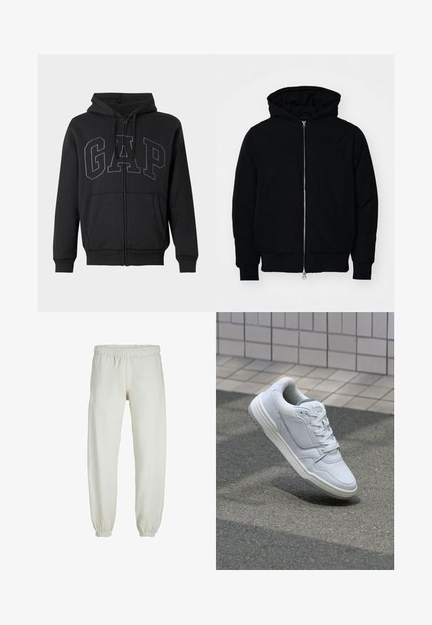 Fekete kapucnis dzseki elülső cipzárral, kenguruzsebbel, bordázott mandzsettákkal és aba, egy sima fehér háttér előtt.; Fekete zipzáros kapucnis pulóver elülső zsebekkel, húzózsinóros kapucnival és nagy, hímzett "GAP" logóval a mellkason, belül puha fleece béléssel.; Fehér melegítőnadrág, puha anyagból készült, rugalmas derékrésszel és mandzsettával, sima tapintású és laza szabású.; Fehér bőr sneaker perforált oldalakkal, texturált részletekkel, lapos fűzőkkel és kontrasztos szürke sarokkal. Enyhén megemelt talppal rendelkezik.
