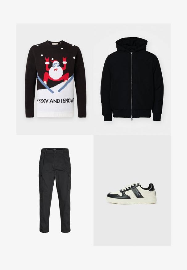 Giacca nera con cappuccio, dotata di zip frontale, tasca a marsupio, polsini e orlo a coste, esposta su uno sfondo bianco semplice.; Maglione nero a maglia con una parte inferiore bianca che presenta una figura di Babbo Natale in rosso con occhiali da sole e neve. Il testo dice: "SONO SESSY E LO SO".; Pantaloni cargo neri realizzati in un tessuto resistente, dotati di molteplici tasche, chiusura con bottone e un design aderente con gambe affusolate.; Sneakers in pelle con una combinazione di colori nero e crema, dotati di dettagli perforati, collare imbottito e suola testurizzata.