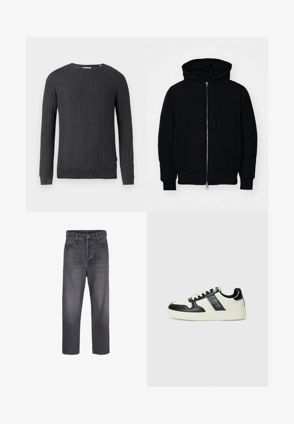 Svart hettejakke med frontglidelås, kengurulomme, ribbestrikket mansjetter og søm, vist på en ensfarget hvit bakgrunn.; Mørk grå strikket genser med ribbestruktur, rund hals, lange ermer og en innsvingt kant. Har minimal merkevare på den nedre siden.; Mørkegrå denimjeans med rett ben-design, høy midje, fem lommer, og lys bleking. Metallknapp og glidelås-lukking.; Lædersneakers med sort og creme farveskema, der har perforerede detaljer, en polstret krave og en struktureret ydersål.