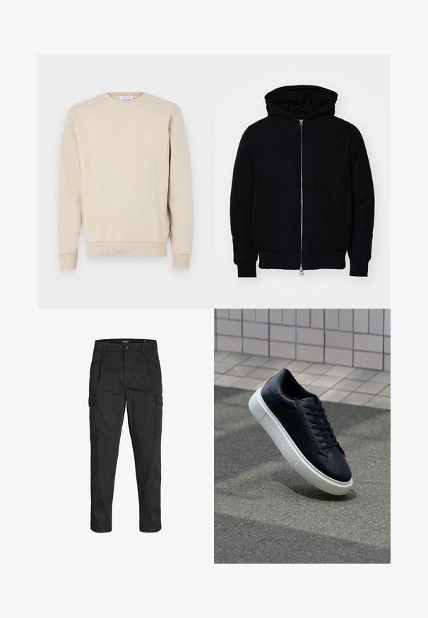 Black hooded jacket with front zipper, kangaroo pocket, ribbed cuffs, and hem, displayed on a plain white background.; Beige cotton sweatshirt with a crew neckline, ribbed cuffs and hem, and a soft texture. No visible graphics or patterns.; Black cargo pants made of sturdy fabric, featuring multiple pockets, a button closure, and a slim fit design with tapered legs.; Black leather sneaker with rounded toe and white rubber sole. Features flat laces and minimal stitching on the upper. Textured sole for grip.