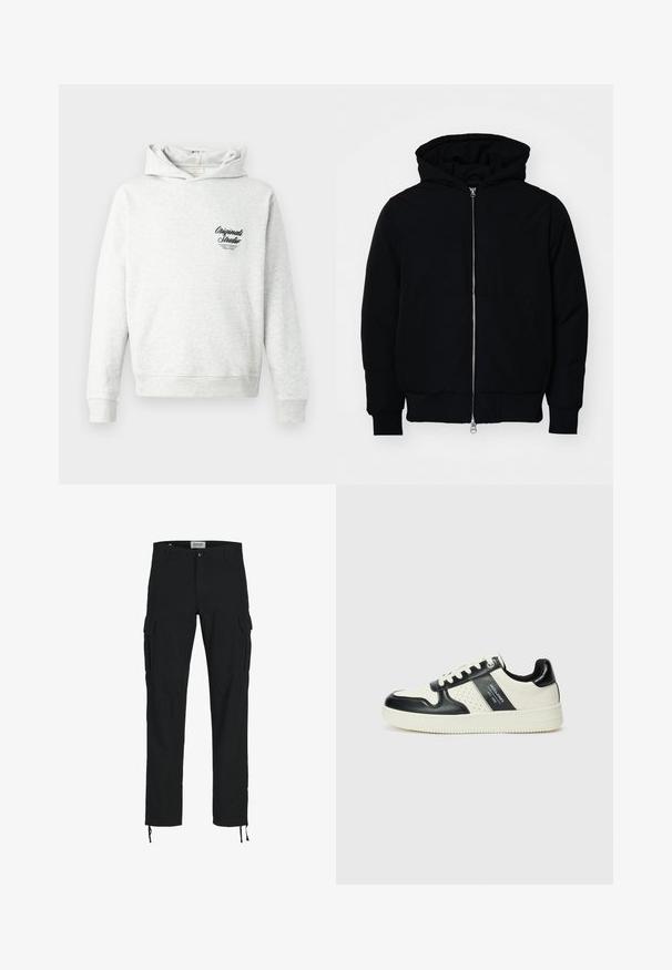 Black hooded jacket with front zipper, kangaroo pocket, ribbed cuffs, and hem, displayed on a plain white background.; Grey hoodie in soft fabric, featuring a front pocket, ribbed cuffs, and an embroidered "Originals Studio" logo on the chest.; Black cargo pants with a straight cut, featuring side pockets, a button closure, and elastic drawstrings at the ankles. Made from durable fabric.; Leather sneakers with a black and cream color scheme, featuring perforated accents, a padded collar, and a textured outsole.