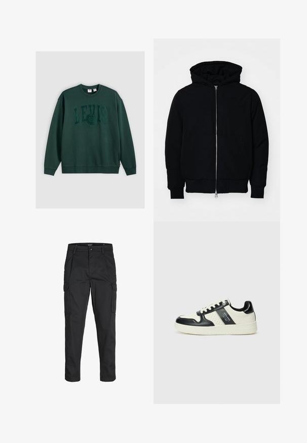 Svart huoodiejacka med framdragkedja, känguruficka, ribbade ärmslut och nederkant, uppställd mot en vit bakgrund.; Mörkgrön sweatshirt i bomull, med en stor präglad "LEVI'S" logotyp centrerad på framsidan, samt ribbade mudd och nederkant.; Svarta cargobyxor tillverkade av hållbart tyg, med flera fickor, knappstängning och en smal passform med avsmalnande ben.; Läder sneakers med en svart och krämfärgad färgsättning, med perforerade detaljer, en vadderad krage och en strukturerad yttersula.