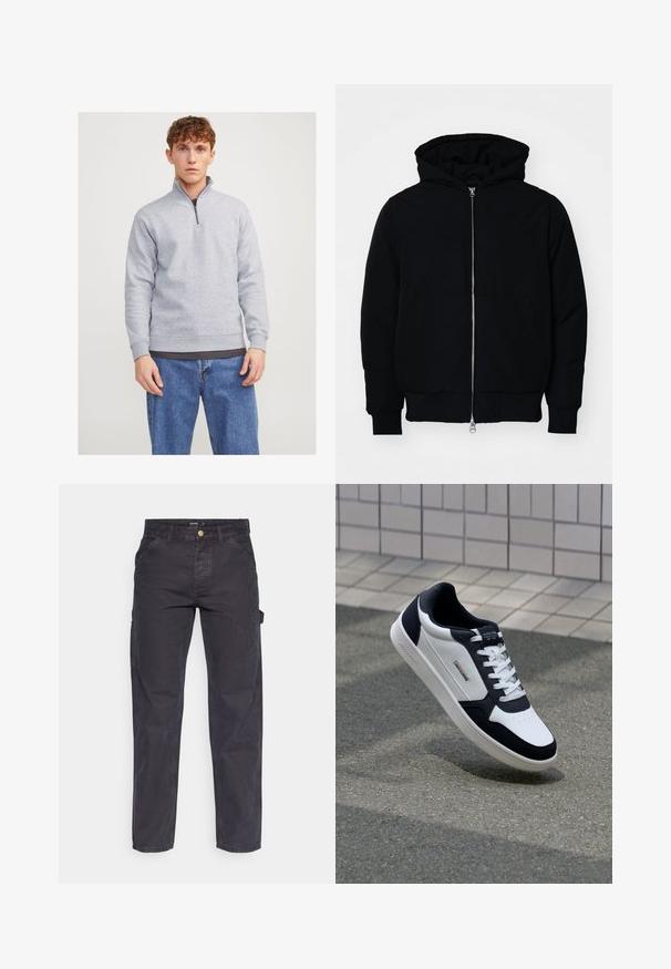 Črna kapuca jakna s sprednjim zadrgo, kenguru žepom, rebrastimi manšetami in hemom, razstavljena na enostavni beli ozadju.; Siv pulover s polzipljem, izdelan iz mehkega materiala. Ima rebraste manšete in rob, nosi se čez temno majico in modre jeans hlače.; Temno sivi cargo hlače iz trpežnega materiala, z ravnim krojem nogavic, petimi žepi in gumbom za zapiranje v pasu.; Bela in mornarsko modra usnjena teniska obutev z teksturiranim podplatom, veznim dizajnom in oznako blagovne znamke. Vsebuje perforirano območje prstov in oblazinjen ovratnik.