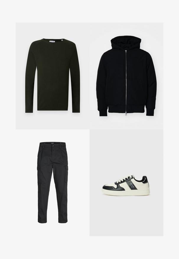 Czarna kurtka z kapturem, z suwakiem z przodu, kieszenią kangurką, ściągaczami przy mankietach i dolnym brzegu, prezentowana na jednolitym białym tle.; Ciemnozielona, długosleeve'owa bluzka z dzianiny z okrągłym dekoltem, z teksturowanym materiałem i dopasowanymi mankietami. Metka widoczna przy dekolcie.; Czarne spodnie cargo wykonane z wytrzymałego materiału, z wieloma kieszeniami, zapięciem na guzik oraz zwężanym krojem nogawek.; Skórzane sneakersy w czarno-kremowym schemacie kolorystycznym, z perforowanymi akcentami, wyściełanym kołnierzem i teksturowaną podeszwą.