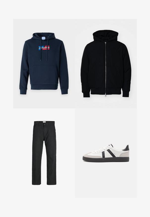 Veste à capuche noire avec fermeture éclair sur le devant, poche kangourou, poignets et ourlet côtelés, présentée sur un fond blanc uni.; Sweat à capuche bleu marine avec une poche kangourou à l'avant, un cordon de serrage au niveau de la capuche et un logo rouge et bleu, offrant une texture douce et lisse ainsi que des poignets côtelés.; Pantalons noirs en tissu durable, présentant un design à jambe droite, des accents cousus et deux poches avant pour la fonctionnalité.; Baskets blanches avec des accents noirs et gris, présentant un embout texturé gris, une semelle en caoutchouc noir et des lacets plats blancs. Design épuré, style minimaliste.