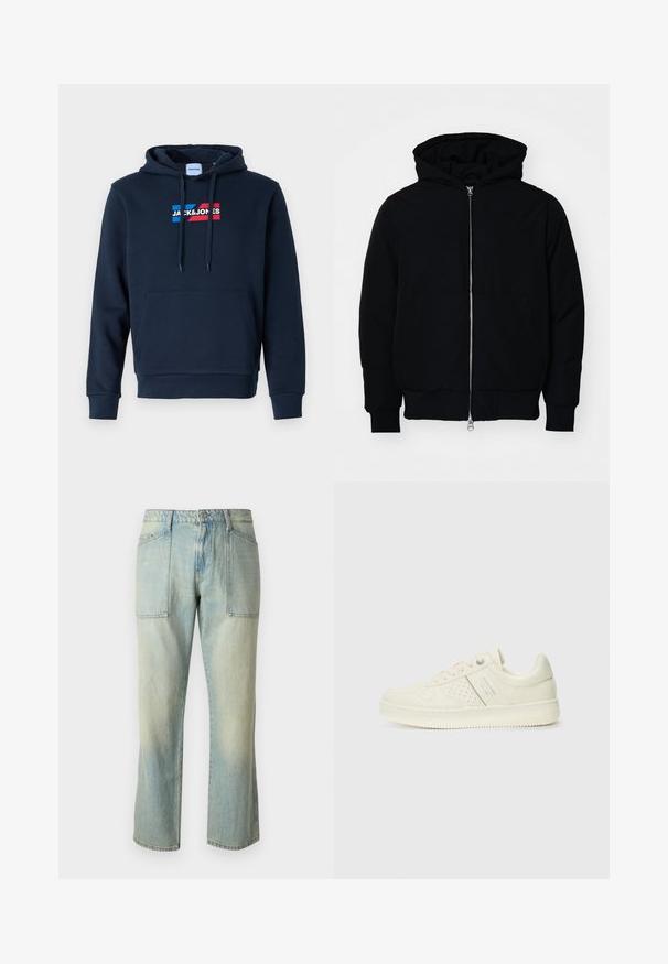 Sort hættejakke med frontlynlås, kængurulomme, ribbede manchetter og kant, præsenteret på en ensfarvet hvid baggrund.; Mørkeblå hoodie med en forreste kængurulomme, hætte med snor og logo i rød og blå. Den har en blød, glat tekstur og ribbede manchetter.; Lyseblå denim jeans med lige ben, synlig syning og to store forlommer. Stoffet har en falmet struktur.; Cremefarvet sneaker med perforeret detaljering, snørebånd og logo på siden, præsenteret mod en simpel hvid baggrund.