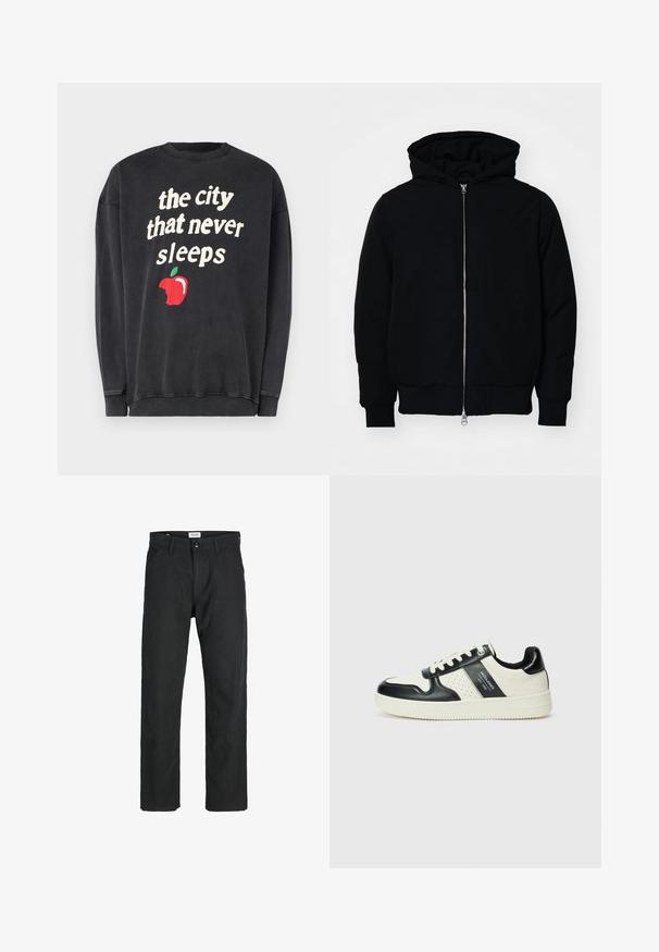 Fekete kapucnis dzseki elülső cipzárral, kenguruzsebbel, bordázott mandzsettákkal és aba, egy sima fehér háttér előtt.; Fekete pulóver, amelyen fehér szöveg olvasható: "a város, ami sosem alszik", és egy piros alma grafika, amiből egy falat hiányzik.; Fekete nadrág tartós anyagból, egyenes szárú kialakítással, varrott díszítésekkel és két elülső zsebbel a funkciók érdekében.; Fekete és krém színű bőrsneaker, perforált díszítésekkel, párnázott bokapánttal és texturált talppal.