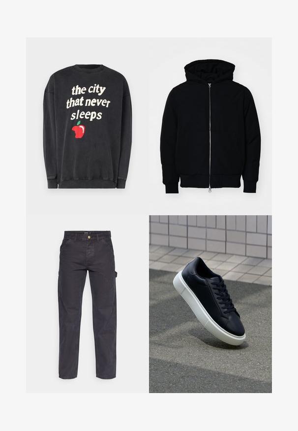 Melna kapucēta jaka ar priekšējo rāvējslēdzēju, kenguru kabatu, ribinātām aprocēm un apakšmalu, parādīta uz vienkārša balta fona.; Melna kapuce jaka ar baltu tekstu "pilsēta, kas nekad guļ" un sarkanu ābolu grafiku ar atņemtu kodumu.; Tumši pelēki kravas bikses, kas izgatavotas no izturīga auduma, ar taisnu piegriezumu, piecām kabatām un pogu aizdari viduklī.; Melnas ādas kedas ar noapaļotu pirkstu un baltu gumijas zoli. Iespējas - plakanas šņorītes un minimāla apdare augšdaļā. Struktūrēta zole, lai nodrošinātu saķeri.