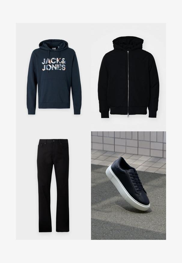 Mustat huppu-untuvatakki, jossa on vetoketju edessä, kenguru-tasku, ribatut hihansuut ja helma, esillä yksinkertaisella valkoisella taustalla.; Laivastonsininen huppari, jossa on kengurupocket, narukiinnitys hupussa ja graafinen "JACK & JONES" -painatus, jossa on kukkakuvioita eri väreissä.; Mustat suorat farkut, valmistettu denimistä, etuläpällä, kahdella sivutaskulla ja sileällä pinnalla.; Mustat nahkakengät, joissa on pyöristetty kärki ja valkoinen kumipohja. Varusteena litteät nauhat ja minimaalinen ommel ylhäällä. Teksturoitu pohja pitävyyden lisäämiseksi.