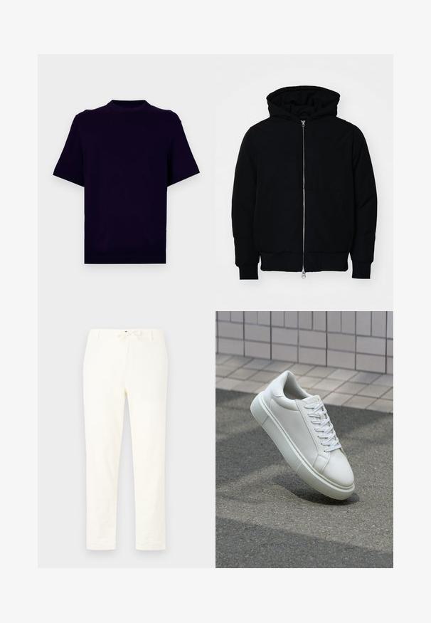 Črna kapuca jakna s sprednjim zadrgo, kenguru žepom, rebrastimi manšetami in hemom, razstavljena na enostavni beli ozadju.; Kratka majica s kratkimi rokavi v temno vijolični barvi, izdelana iz mehke tkanine. Ima okroglo ovratnik in ribano obrobo na dnu in robovih rokavov.; Bele, lahke lanene hlače z vrvico za prilagajanje v pasu. Hlače ravnega kroja, minimalne teksture, brez vidnih vzorcev ali strojnih detajlov.; Bela usnjena teniska obutev z gladko površino, okroglo konico in ravnimi belimi vezalkami. Ima teksturiran gumijast podplat in minimalne oblikovalske elemente.