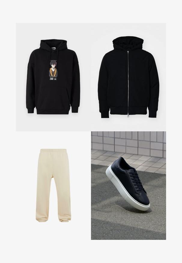 Black hooded jacket with front zipper, kangaroo pocket, ribbed cuffs, and hem, displayed on a plain white background.; Black hoodie with a front kangaroo pocket, featuring a printed graphic of a character. Cotton blend fabric, ribbed cuffs and hem.; Beige sweatpants with an elastic waistband, cuffed hems, and a smooth texture. Simple, straight-leg design without patterns or embellishments.; Black leather sneaker with rounded toe and white rubber sole. Features flat laces and minimal stitching on the upper. Textured sole for grip.