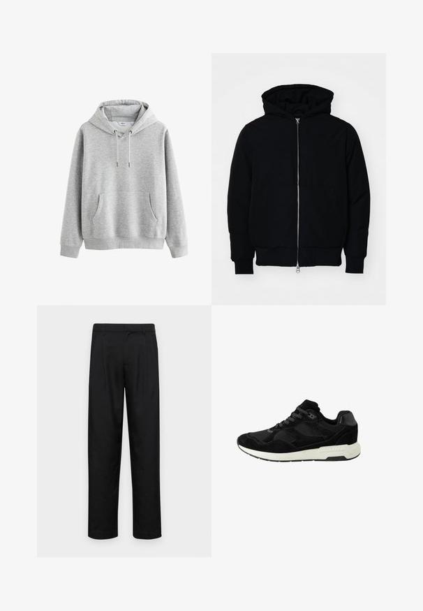 Black hooded jacket with front zipper, kangaroo pocket, ribbed cuffs, and hem, displayed on a plain white background.; Gray cotton hoodie with a front pocket, adjustable drawstring hood, ribbed cuffs, and hem. Smooth texture, minimal design, no patterns.; Black trousers made of smooth fabric, featuring a straight-leg design, two front pleats, and standard waistband with belt loops.; Black athletic shoe made of suede and mesh, featuring a rounded toe, lace closure, and a white rubber sole with textured accents.