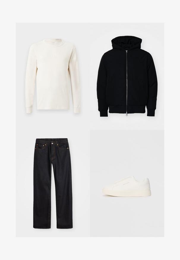 Mustat huppu-untuvatakki, jossa on vetoketju edessä, kenguru-tasku, ribatut hihansuut ja helma, esillä yksinkertaisella valkoisella taustalla.; Pitkähihaisessa ribbipuserossa on off-white väri ja pyöreä pääntie. Rinnassa on hienovarainen "GAP"-logo. Pehmeä rakenne ja istuva muotoilu.; Miestne čierne rovné džínsy so štyrmi vreckami a oranžovým šitím, zapínanie na gombík a zips na prednom pásku.; Valkoiset liukusukat, joissa on teksturoitu pinta, paksu pohja ja minimalistikot. Sivulla on brändin logo.