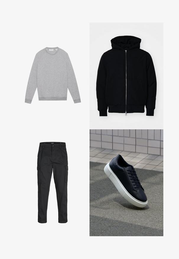 Svart hettejakke med frontglidelås, kengurulomme, ribbestrikket mansjetter og søm, vist på en ensfarget hvit bakgrunn.; Lys grå langermet crewneck sweatshirt med ribbestrikkede mansjetter og hem, vist flatt på en enkel bakgrunn.; Sorte cargo bukser laget av slitesterkt stoff, med flere lommer, knappelukking og en slim fit-design med avsmalnede ben.; Sorte skinnsneakers med rund tå og hvit gummisåle. Har flate lisser og minimal søm på overdelen. Strukturert såle for grep.