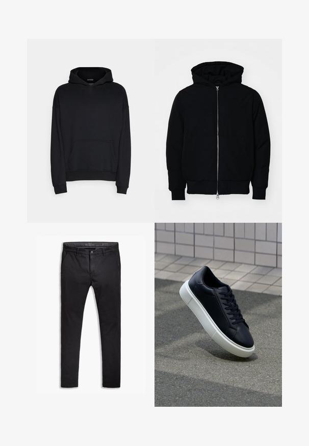 Veste à capuche noire avec fermeture éclair sur le devant, poche kangourou, poignets et ourlet côtelés, présentée sur un fond blanc uni.; Hoodie noir en tissu mélangé coton. Doté d'une grande poche frontale, de poignets côtelés et d'une capuche avec cordon de serrage. Texture lisse.; Chinos en coton noirs avec une coupe fuselée, dotés de cinq poches, passants de ceinture et d'une texture lisse. Braguette à zip avec fermeture boutonnée.; Baskets noires en cuir avec bout arrondi et semelle en caoutchouc blanc. Elles présentent des lacets plats et une couture minimale sur la tige. Semelle texturée pour une bonne adhérence.