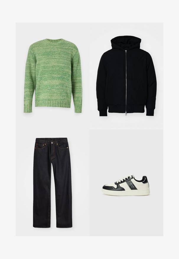 Schwarze Kapuzenjacke mit Frontreißverschluss, Kängurutasche, gerippten Bündchen und Saum, auf einem schlichten weißen Hintergrund präsentiert.; Jack & Jones JORWINTER SPACE - Strickpullover - lima bean green; Herren gerade geschnittene schwarze Jeans aus Denim mit fünf Taschen und orangefarbenen Nähten, Knopf- und Reißverschluss vorne am Bund.; Leder-Sneaker in Schwarz- und Cremetönen, mit perforierten Akzenten, einem gepolsterten Kragen und einer strukturierten Laufsohle.