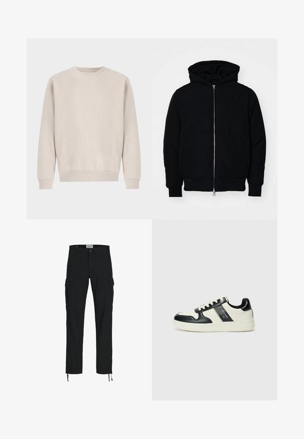 Svart hettejakke med frontglidelås, kengurulomme, ribbestrikket mansjetter og søm, vist på en ensfarget hvit bakgrunn.; Beige crewneck sweatshirt laget av myk bomull, med en avslappet passform, ribbestrikkede ermer og kant, uten synlige mønstre eller detaljer.; Svarte cargo-bukser med rett snitt, med sidelommer, knappelukking og elastiske snorer ved anklene. Laget av slitesterkt stoff.; Lædersneakers med sort og creme farveskema, der har perforerede detaljer, en polstret krave og en struktureret ydersål.