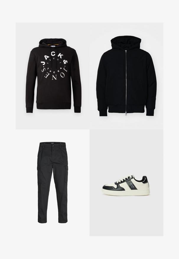 Mustaga kapuutsiga jakk, millel on esineed, kenguru tasku, soonikkoes, ja alläär, esitatud lihtsal valgel taustal.; Must musta kapuutsiga, millel on ümar valge logotrükk. Valmistatud pehmest kangast, millel on soonikkrae ja -ääred, et saavutada istuv välimus.; Mustad mustapõlvik, mis on valmistatud tugeva koe kasutades, sisaldab mitmeid taskuid, nupule kinnitatav sulgemine ja kitsenev disain.; Nahatud nahkkingad musta ja kreemi värviskeemiga, millel on perforeeritud aktsendid, pehme krae ja tekstureeritud tallad.