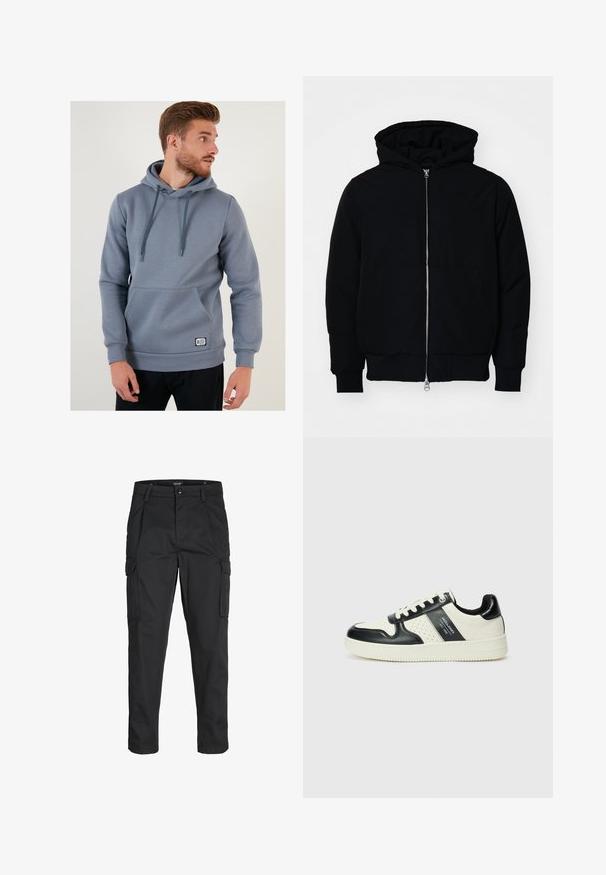 Crna kapuška jakna s prednjim zatvaračem, kenguru džepom, rebrastim manžetama i rubom, prikazana na običnoj bijeloj pozadini.; Siva dukserica s kapuljačom, prednjim džepom, podesivom kapuljačom, rebrastim manžetama i rubom, izrađena od mekane, glatke tkanine. Sadrži logo naljepnicu.; Crne cargo hlače izrađene od čvrstog materijala, s brojnim džepovima, kopčanjem na gumb i dizajnom koji pomaže da se prilagode tijelu sa suženim nogavicama.; Kožne tenisice s crno-bijelom paletom boja, koje imaju perforirane akcentne detalje, podstavljeni ovratnik i teksturiranu potplat.