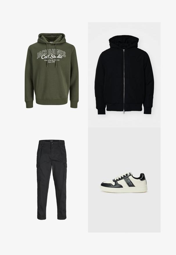 Mustaga kapuutsiga jakk, millel on esineed, kenguru tasku, soonikkoes, ja alläär, esitatud lihtsal valgel taustal.; Olive rohelise kapuutsiga särgis on paelad, millel on valge graafikatrükk, kus on kirjas tekst "JACK&JONES Coll. Studio." Pehme kangas, vabalt voolav lõige.; Mustad mustapõlvik, mis on valmistatud tugeva koe kasutades, sisaldab mitmeid taskuid, nupule kinnitatav sulgemine ja kitsenev disain.; Nahatud nahkkingad musta ja kreemi värviskeemiga, millel on perforeeritud aktsendid, pehme krae ja tekstureeritud tallad.