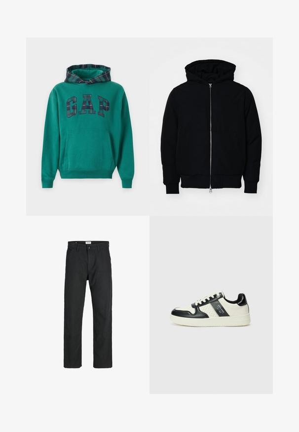Schwarze Kapuzenjacke mit Frontreißverschluss, Kängurutasche, gerippten Bündchen und Saum, auf einem schlichten weißen Hintergrund präsentiert.; Grüne Kapuzenjacke mit karierter Kapuze, die ein großes "GAP"-Logo im karrierten Muster zeigt. Beinhaltet eine Vordertasche und gerippte Bündchen.; Schwarze Hosen aus strapazierfähigem Stoff, mit geradem Bein, genähten Akzenten und zwei vorderen Taschen für Funktionalität.; Leder-Sneaker in Schwarz- und Cremetönen, mit perforierten Akzenten, einem gepolsterten Kragen und einer strukturierten Laufsohle.
