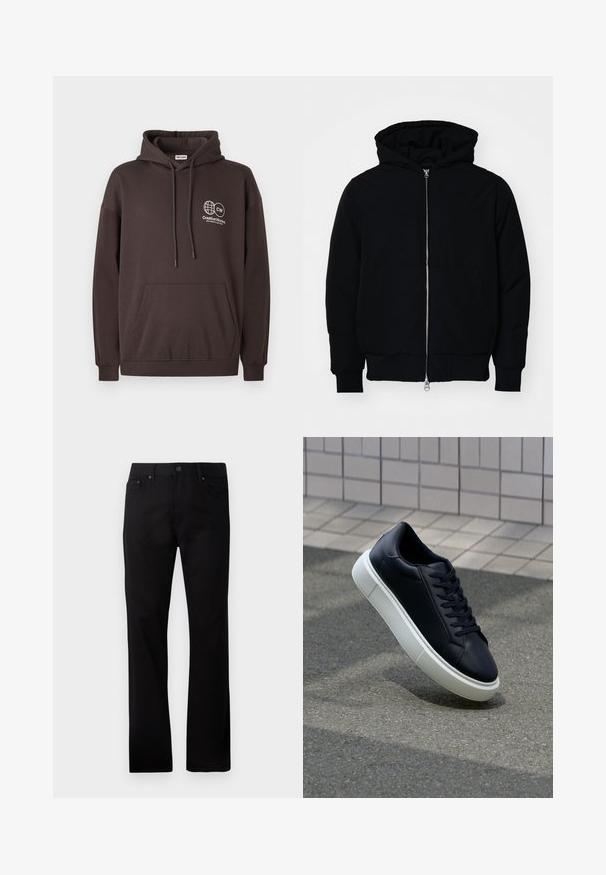 Zwarte hoodie met rits aan de voorkant, kangoeroe-pocket, geribbelde manchetten en zoom, weergegeven op een effen witte achtergrond.; Donkerbruine hoodie van een katoenmix, met een voorzak en een wit logo met een wereldbol en tekst op de linkerborst.; Zwarte rechte jeans gemaakt van denim, met een voor sluiting met knoop, twee zijzakken en een gladde textuur.; Zwarte leren sneaker met een ronde neus en een witte rubberen zool. Voorzien van platte veters en minimale stiksels op het bovenwerk. Textuurrijke zool voor grip.