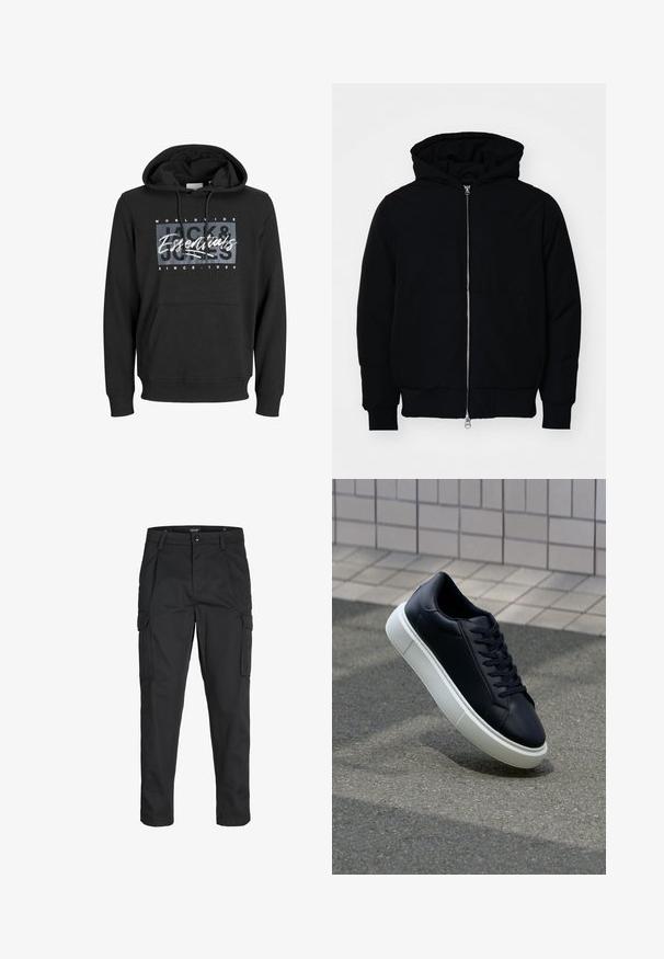 Zwarte hoodie met rits aan de voorkant, kangoeroe-pocket, geribbelde manchetten en zoom, weergegeven op een effen witte achtergrond.; Zwarte hooded sweatshirt van katoenmix, met een voorkant kangaroo pocket, ribgebreide manchetten en een grafische print met de tekst "Jack & Jones Essentials".; Zwarte cargobroek van stevig stof, met meerdere zakken, een knoopsluiting en een slim fit ontwerp met taps toelopende benen.; Zwarte leren sneaker met een ronde neus en een witte rubberen zool. Voorzien van platte veters en minimale stiksels op het bovenwerk. Textuurrijke zool voor grip.
