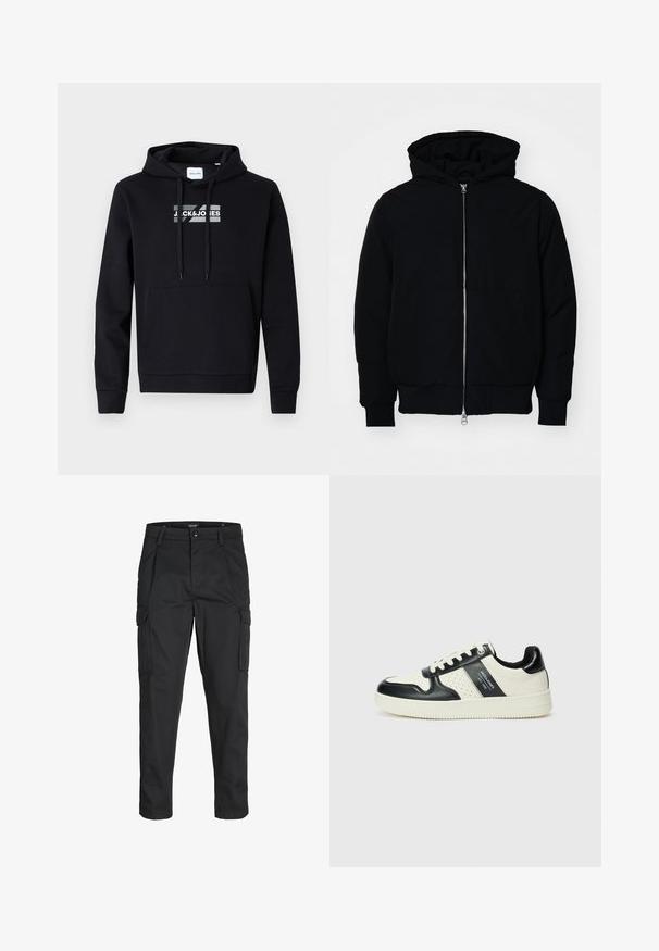 Črna kapuca jakna s sprednjim zadrgo, kenguru žepom, rebrastimi manšetami in hemom, razstavljena na enostavni beli ozadju.; Črna kapučna majica iz mehkega materiala, z sprednjim kenguru žepom in natisnjenim logotipom čez prsi. Dolgi rokavi z rebrastimi manšetami.; Črne cargo hlače iz trdnega blaga, ki imajo več žepov, gumbasto zapiranje in ozek kroj z zožanimi nogami.; Usnjeni športni čevlji z črno in krem barvno shemo, ki vključujejo perforirane dodatke, podložen ovratnik in strukturirano podplat.