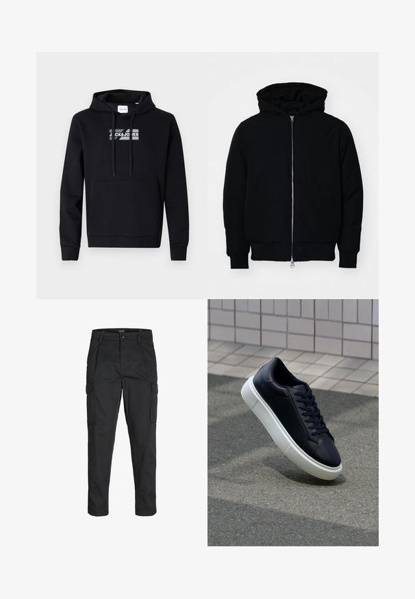 Veste à capuche noire avec fermeture éclair sur le devant, poche kangourou, poignets et ourlet côtelés, présentée sur un fond blanc uni.; Sweatshirt à capuche noire en tissu doux, avec une poche kangourou sur le devant et un logo imprimé sur la poitrine. Manches longues avec bords-côtes.; Pantalons cargo noirs en tissu résistant, dotés de plusieurs poches, d'une fermeture par bouton et d'une coupe slim avec des jambes fuselées.; Baskets noires en cuir avec bout arrondi et semelle en caoutchouc blanc. Elles présentent des lacets plats et une couture minimale sur la tige. Semelle texturée pour une bonne adhérence.