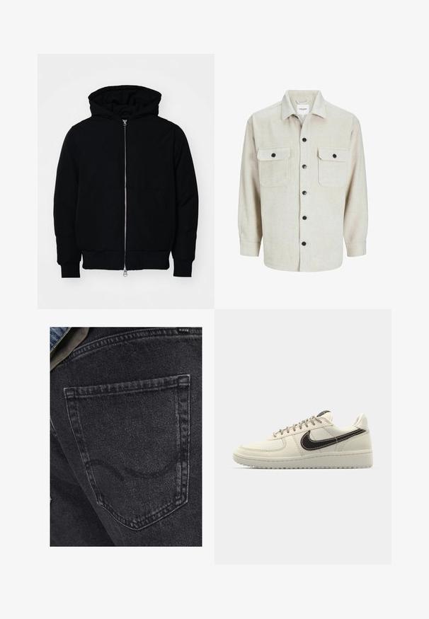 Zwarte hoodie met rits aan de voorkant, kangoeroe-pocket, geribbelde manchetten en zoom, weergegeven op een effen witte achtergrond.; Beige flanellen overhemd met een kraaglijn, voorzien van twee borstzakken, zwarte knopen en lange mouwen met knoopmanchetten.; Zwarte denim jeans met een achterzak en subtiele stikdetails. De textuur is iets versleten met een zachte, vervaagde afwerking.; Beige leren sneakers met een witte rubberen zool, voorzien van een donkerbruine swoosh, gestikte details en grijze veters.