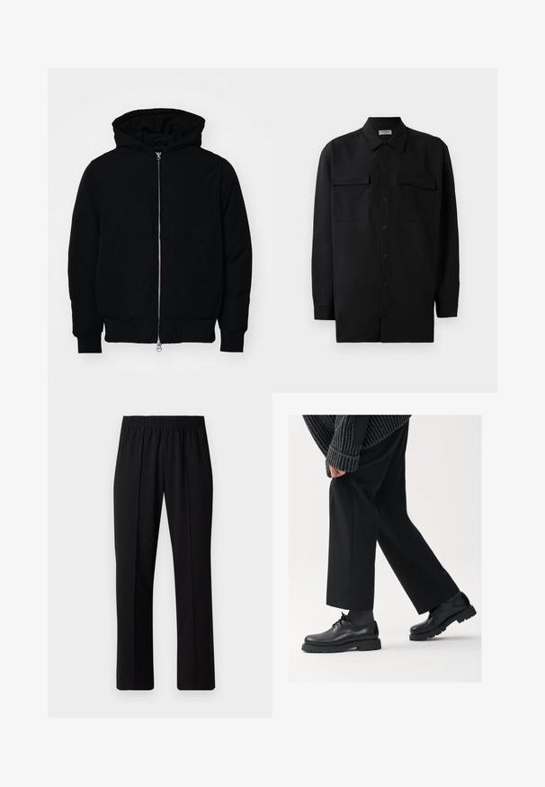Black hooded jacket with front zipper, kangaroo pocket, ribbed cuffs, and hem, displayed on a plain white background.; Black button-up shirt made of smooth fabric, featuring a classic collar, two front pockets, and long sleeves with button cuffs.; Black, elastic-waist trousers with a straight-leg design, featuring a smooth texture and no visible patterns or hardware.; Black leather shoes with a rounded toe, lace-up design, and thick, textured sole. Worn with tailored black trousers and a ribbed sweater.