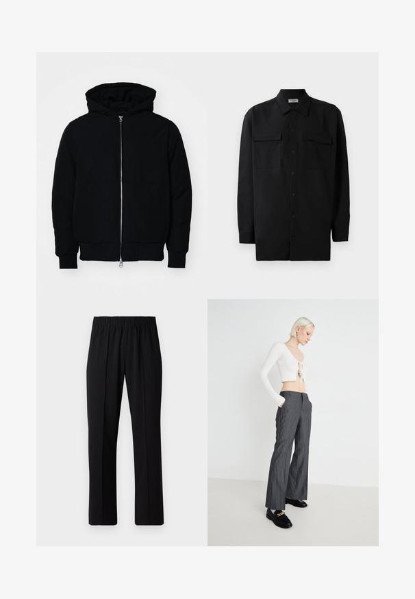 Giacca nera con cappuccio, dotata di zip frontale, tasca a marsupio, polsini e orlo a coste, esposta su uno sfondo bianco semplice.; Camicia nera con bottoni realizzata in tessuto morbido, dotata di colletto classico, due tasche frontali e maniche lunghe con polsini a bottone.; Pantaloni neri con vita elasticizzata e design a gamba dritta, caratterizzati da una texture liscia e senza motivi o hardware visibili.; Top corto bianco a coste con dettaglio annodato, abbinato a pantaloni a gamba larga grigio a righe. Il modello indossa mocassini neri con dettagli dorati, in piedi su uno sfondo neutro.