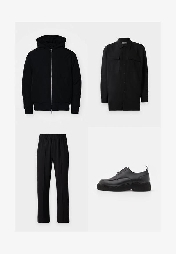 Black hooded jacket with front zipper, kangaroo pocket, ribbed cuffs, and hem, displayed on a plain white background.; Black button-up shirt made of smooth fabric, featuring a classic collar, two front pockets, and long sleeves with button cuffs.; Black, elastic-waist trousers with a straight-leg design, featuring a smooth texture and no visible patterns or hardware.; Black leather lace-up shoe with a rounded toe, thick black platform sole, and decorative stitching along the edge. Smooth texture.
