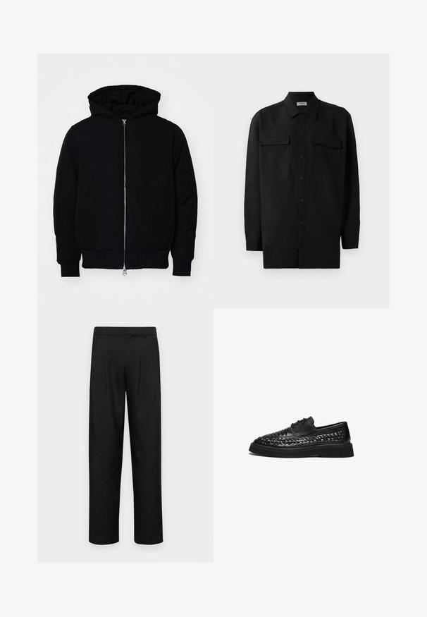 Zwarte hoodie met rits aan de voorkant, kangoeroe-pocket, geribbelde manchetten en zoom, weergegeven op een effen witte achtergrond.; Zwarte button-up shirt gemaakt van gladde stof, met een klassieke kraag, twee voorzakken en lange mouwen met knopenmanchetten.; Zwarte broeken van gladde stof, met een recht model, twee voorknikken en een standaard tailleband met riemlussen.; Zwarte leren schoenen met een gevlochten bovenkant, ronde vorm en platte rubberen zool. Voorzien van twee gaatjes voor veters en een gestructureerde afwerking.